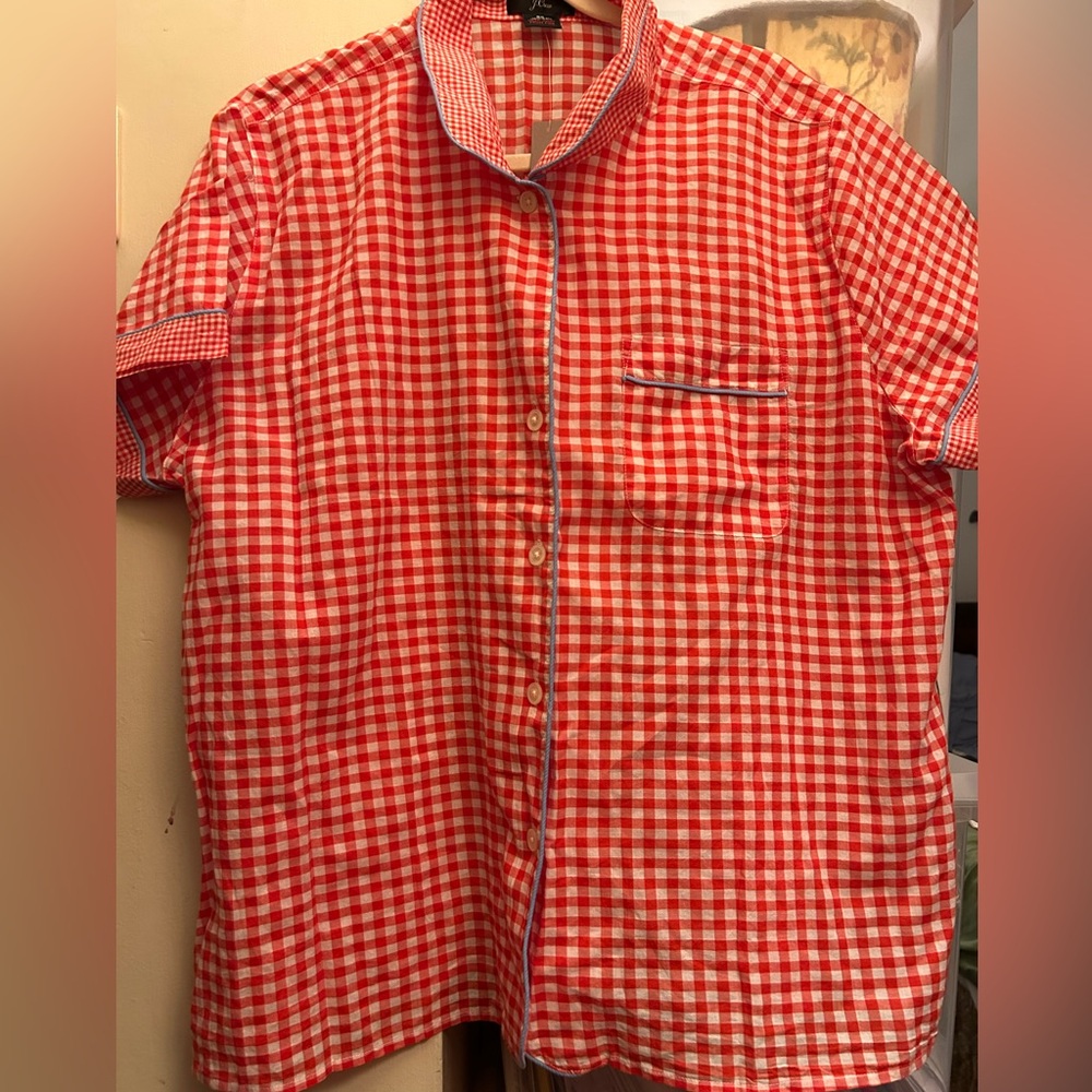 NWT J.Crew Top Red & White Gingham Cotton Voile sz 2x short Sleeve, blue piping